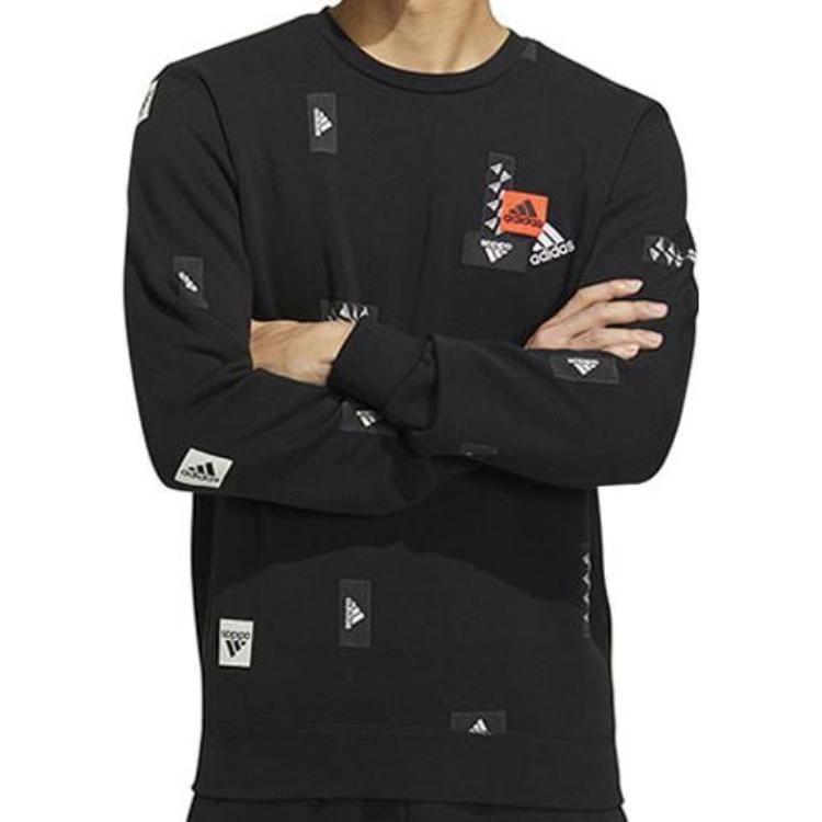 Adidas FW22 Multi-Logo Crew Neck Pullover Sweatshirt Men Sweatshirt Black HN8982