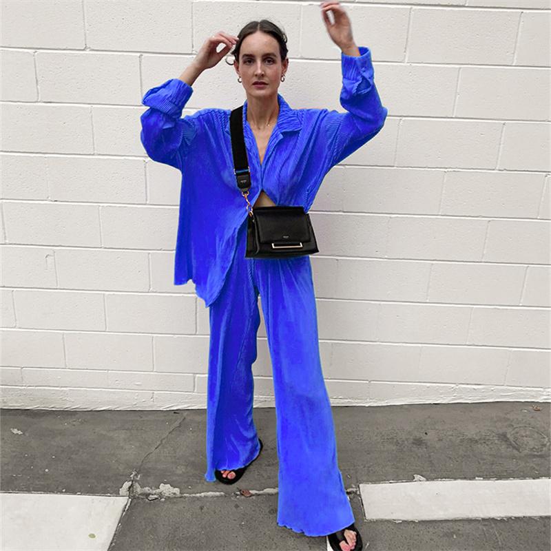 Casual High Wasit Pleated Pants Set Women Autumn Long Sleeve Blouses Matching Wide Trousers Suit Green Pleated 2 Piece Pant Sets