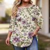 Women's Fashionable Casual Floral Print Plus Size Three-Quarter Sleeve Round Neck Top With Curved.