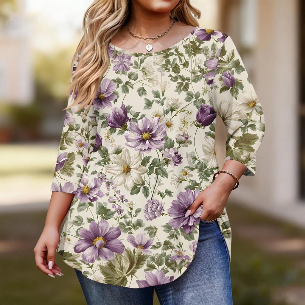 Women's Fashionable Casual Floral Print Plus Size Three-Quarter Sleeve Round Neck Top With Curved.