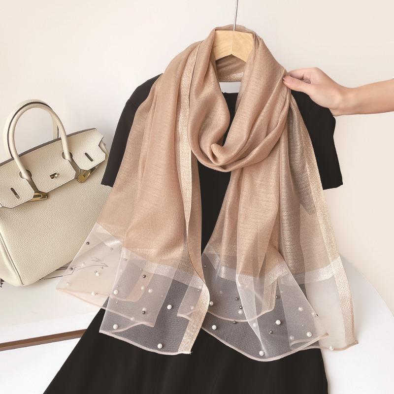 Spring new solid color pearl silk scarf women's imitation silk light large shawl long scarf scarf