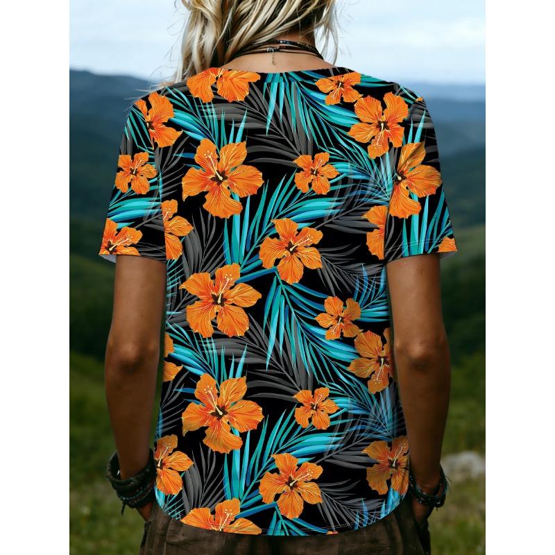 Plus Size Women's 2026 Summer New 3D Print V-Neck Short Sleeve T-Shirt, Slimming Loose Fit Versatile Casual Top, No Accessories Included