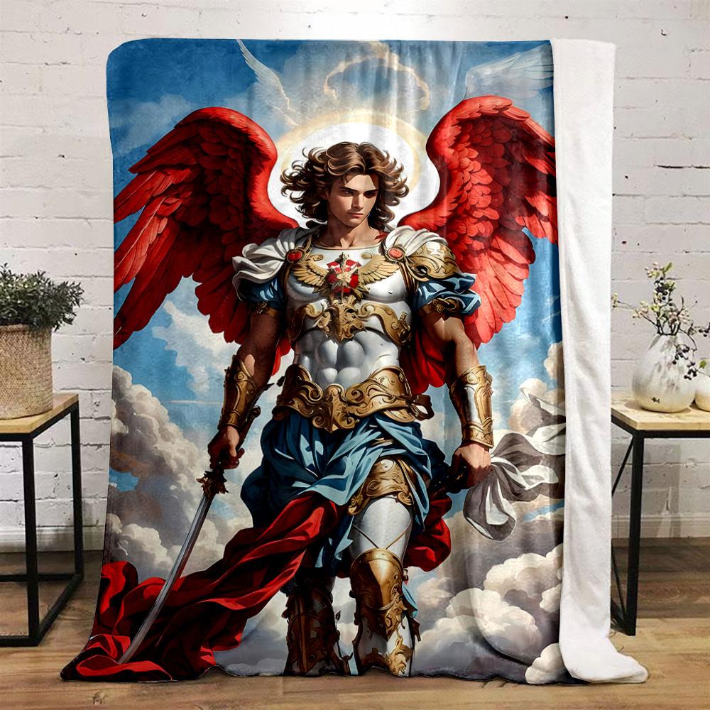 Archangel Michael Winged Warrior Clouds Blanket Bedroom Blanket for Livingroom Couch Lunch Break Soft Throw for Friend's Festival Gift