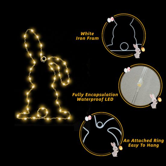 LED Window Light Easter Hanging Lamp with 8 Dynamic Modes Remote Control Timer Battery Operated Waterproof Metal Easter Bunny String Lights for Indoor