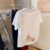 Apricot shoulder cartoon print short-sleeved t-shirt women's summer white cotton loose top