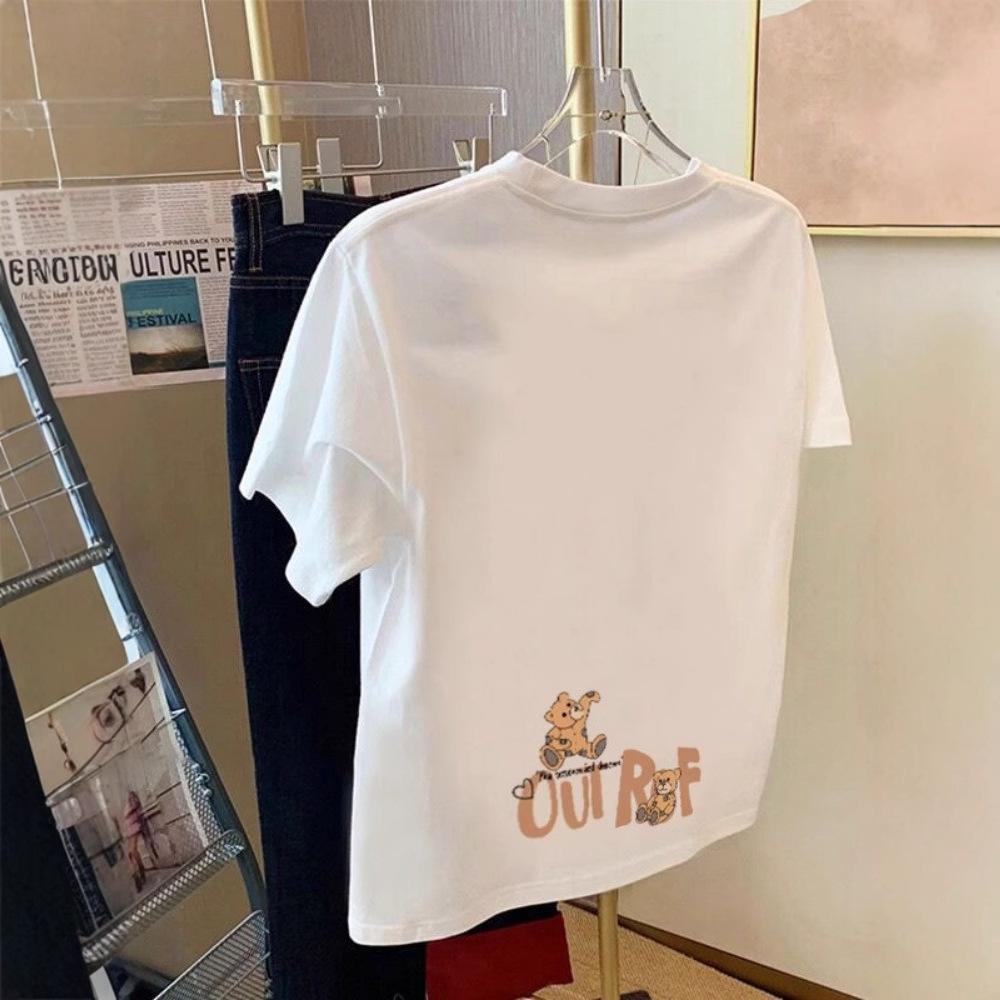 Apricot shoulder cartoon print short-sleeved t-shirt women's summer white cotton loose top