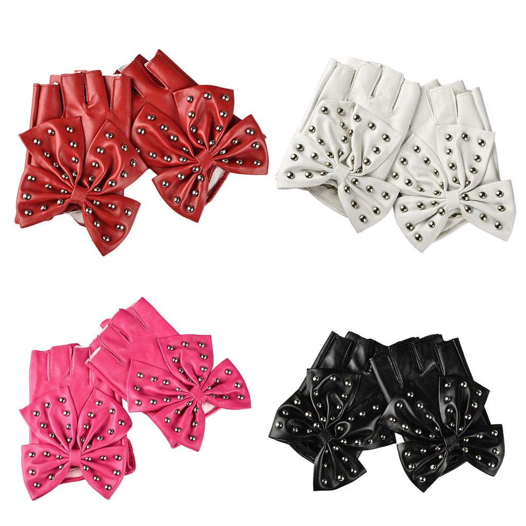 Women Bowknot Rivet Half Finger Gloves PU Leather Gloves For Nightclub Hiphop Dancing Wear And Stage Performances