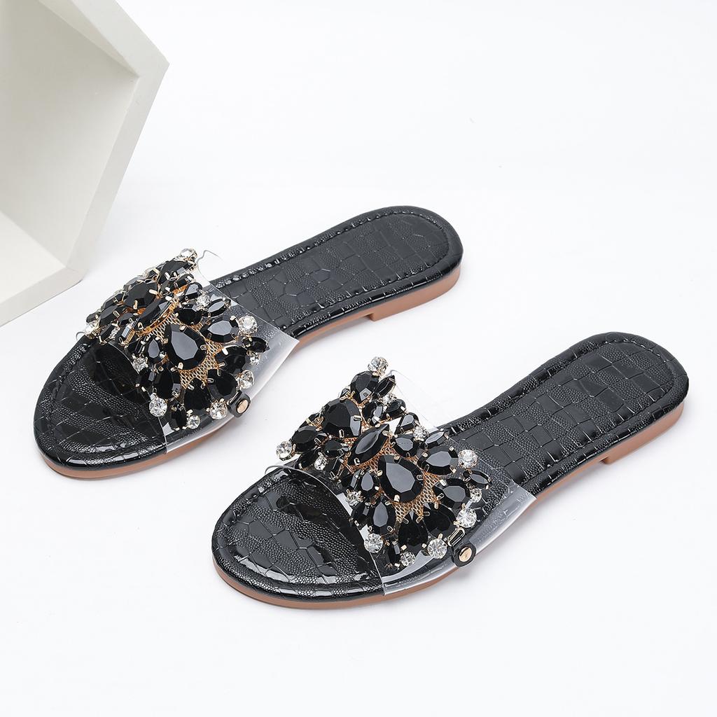 Fashion Women's Fashion Slippers Summer Black Diamond Luxury Charm Radiant Round Head Flat Bottom Comfortable Anti slip Women's Slippers