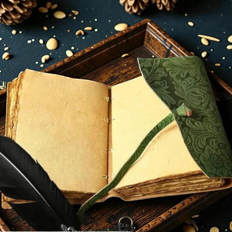 Green Embossed Leather Journal 5×7” | Handmade Deckle Edge Paper Diary 200 Pages | Vintage Key Lock Notebook | Floral Leather Writing Sketchbook