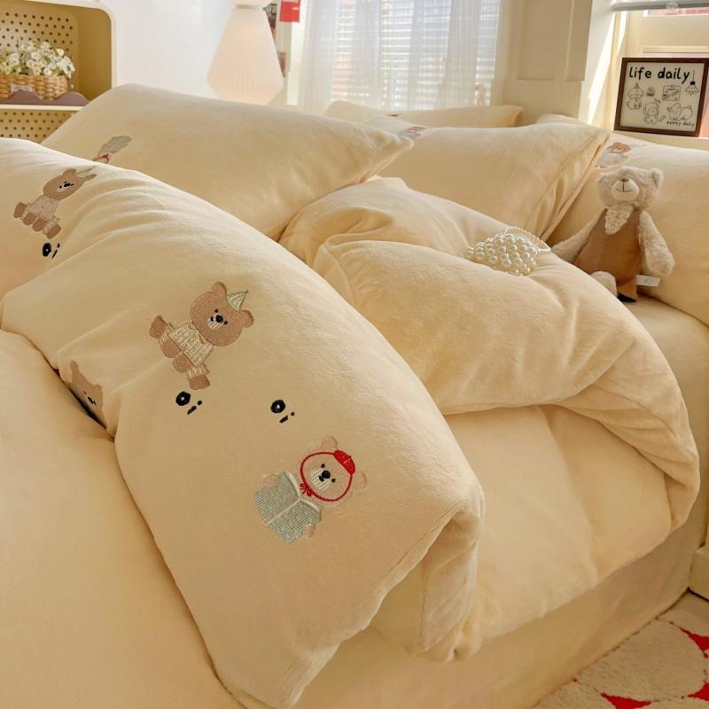 Ins Cute Cartoon Milk Fleece Bedding Set Winter Flannel Duvet Cover Sheet