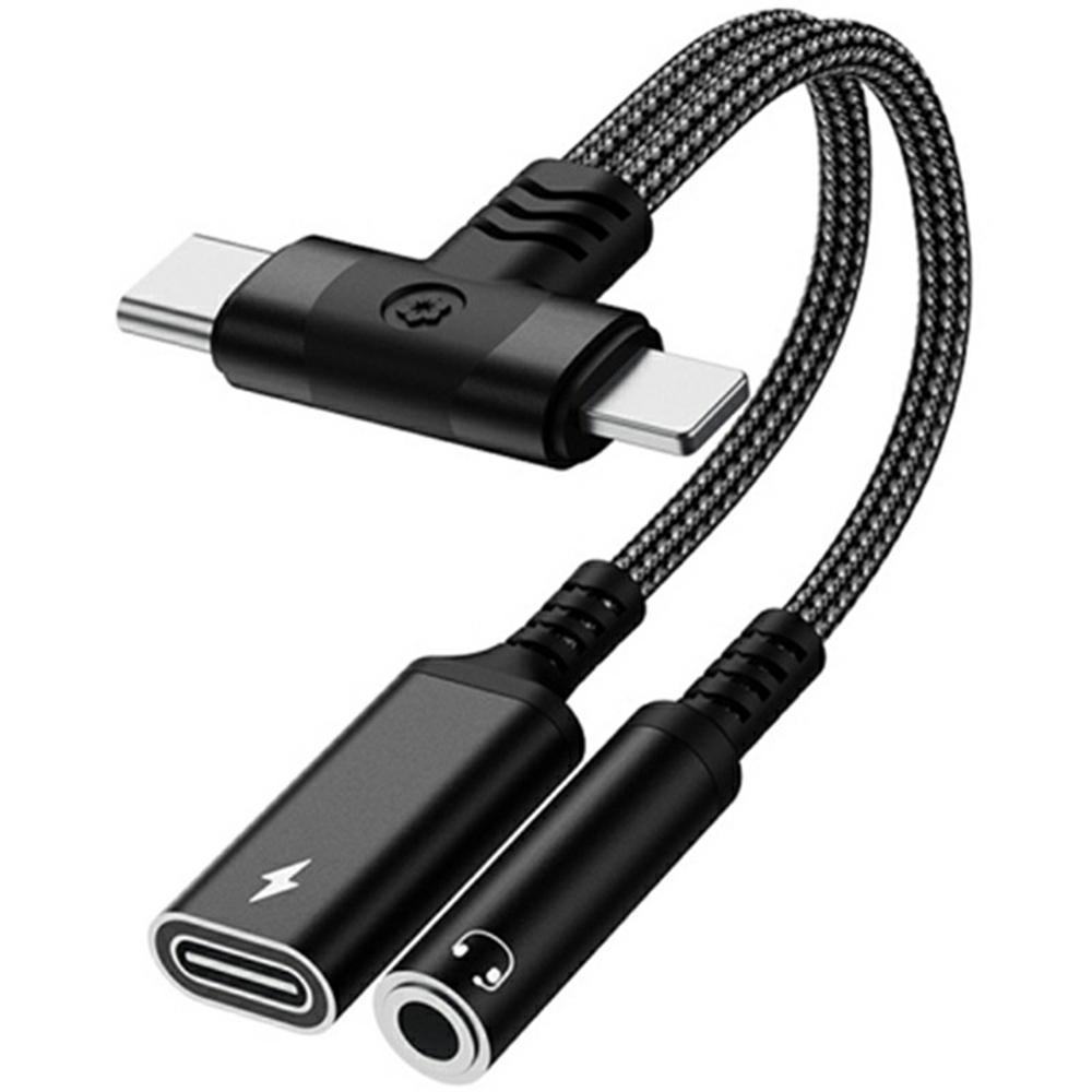8 Pin/Type-C To Type-C+3.5mm Audio Converter Nylon Braided Cable Support 10W Fast Charging