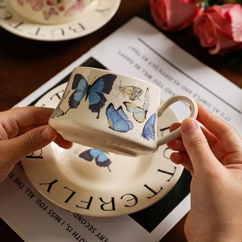 Retro French Style Coffee Cups Home Afternoon Tea Exquisite Butterfly Ceramic Coffee Cup High End Office Water Cup