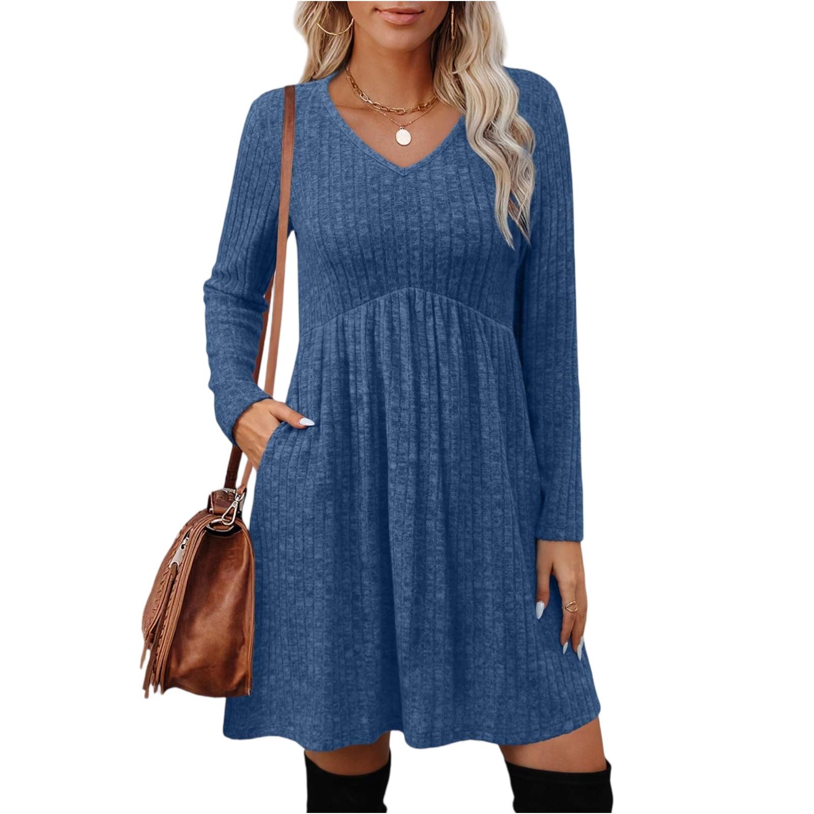 

Женское платье с длинным рукавом, V-образным вырезом, высокой талией, эластичной талией, карманом и полосатым принтом L синий