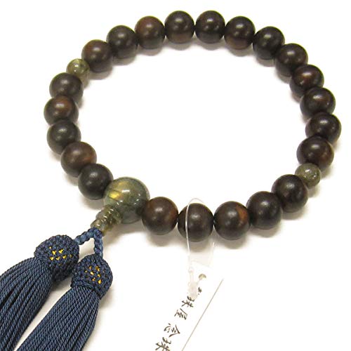 Nenjudo <Made in Japan> Men's 22-Bead, Striped Ebony Labradorite Prayer Beads with Silk Tassel and Prayer Bead Bag. Suitable for all sects. Handmade,