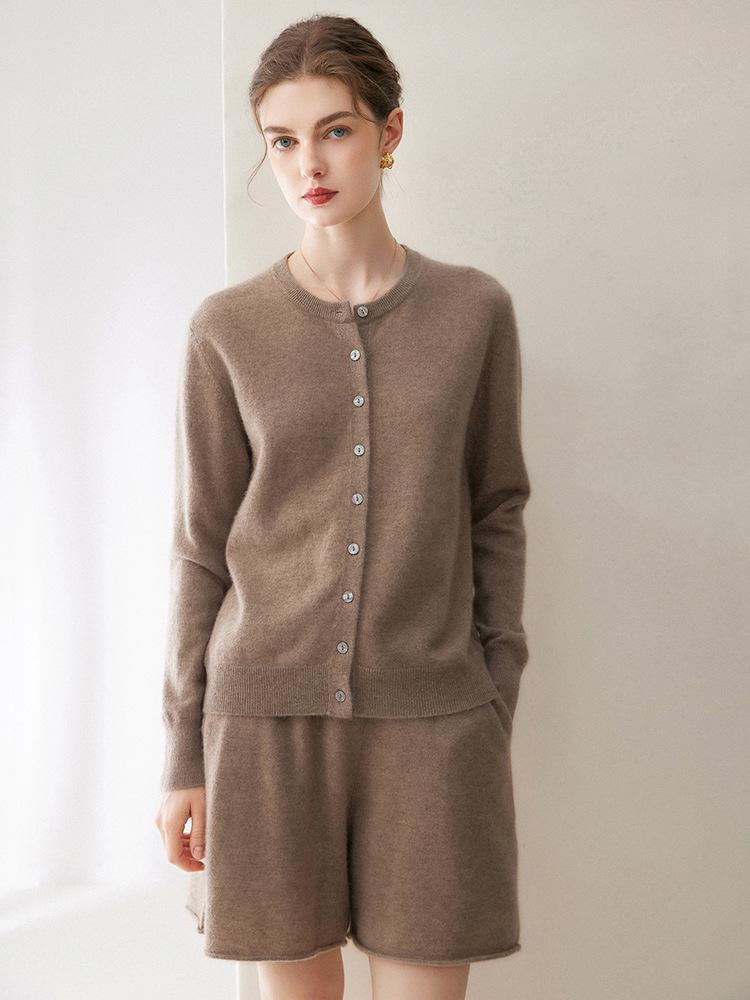 2026 Autumn Women's 100% Cashmere Round Neck Cardigan - High-End Long Sleeve Knit Short Jacket Top