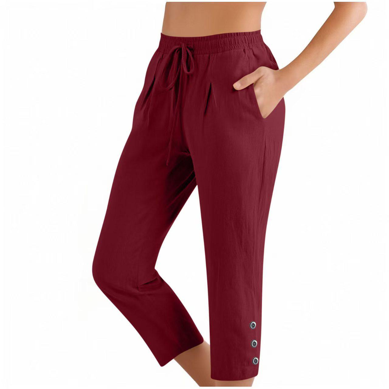 

2025 Cotton Linen Loose Fit Button Cropped Pants M вино красного