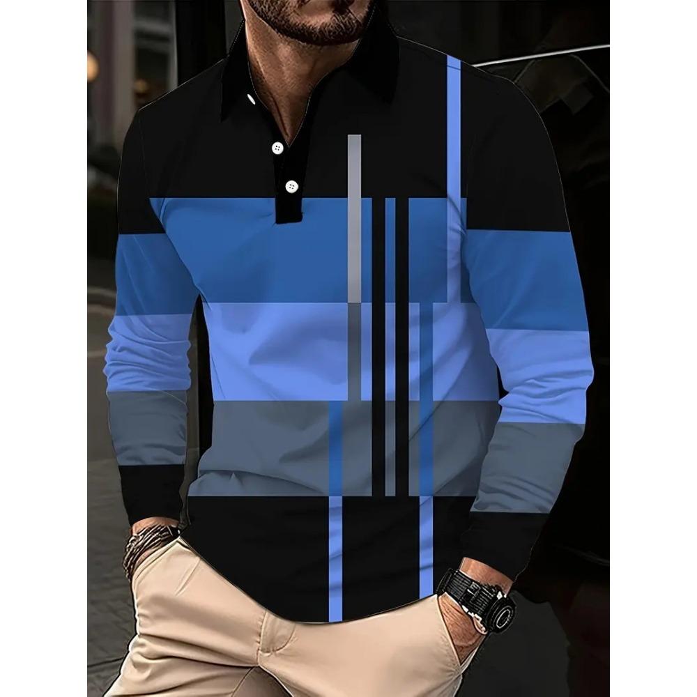 Fashion Men's Sweatshirt Long Sleeve Lapel Top Button Down Striped Polo Shirt