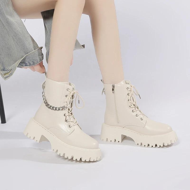 Women Boots Autumn Black Chain Belt Buckle Round Toe Short Boots Fashion Motorcycle Ankle Boots Women Zapatos Mujer
