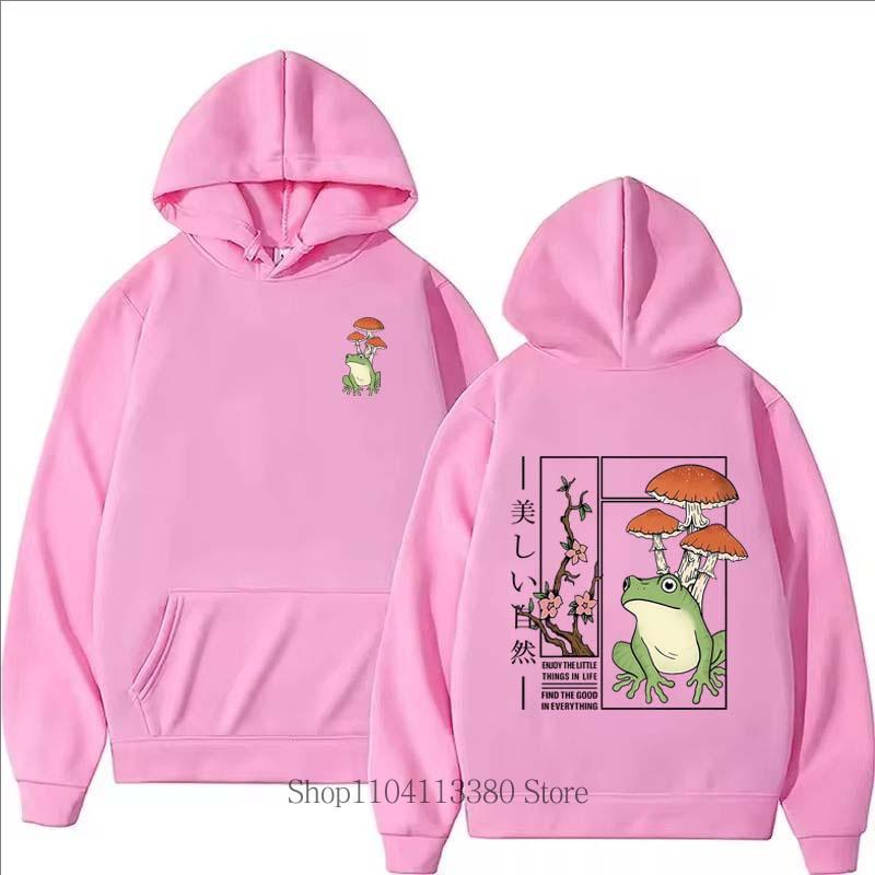 Men Frog Mushroom Print Fleece Hoodie Funny Fashion Vintage Pullover Autumn Winter Comfortable Long Sleeve Sweatshirts