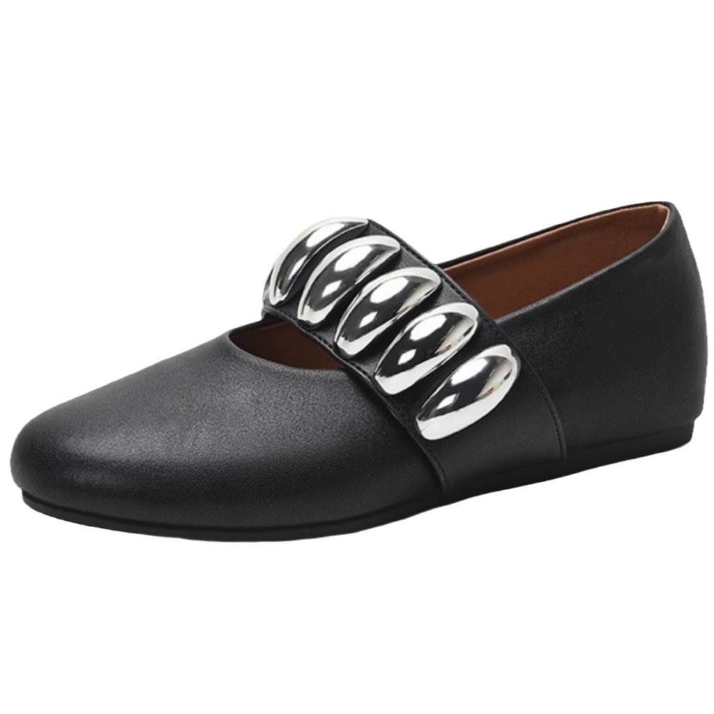 Leather Round Head Metal One-word Buckle Flat-soled Single Shoes Women's Spring Mary Jane Ballet Shoes Round Head Shallow Mouth Grandma Shoes