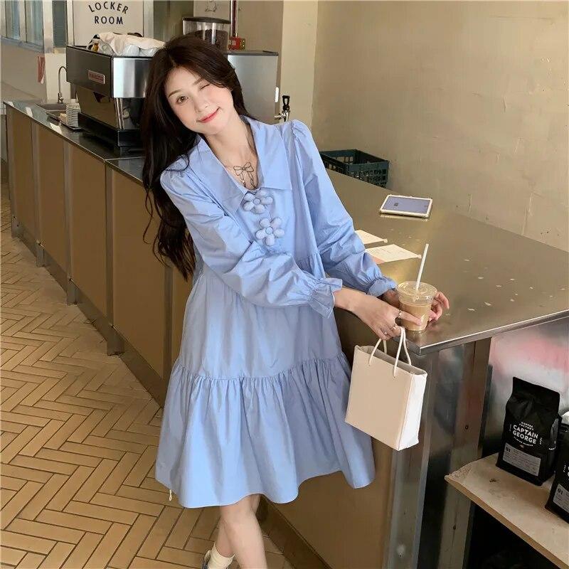 Dresses Women 3D Flower Y2k Autumn Hotsweet Korean Style Simple Long Sleeve High Street All-match Temperament Knee-length Daily