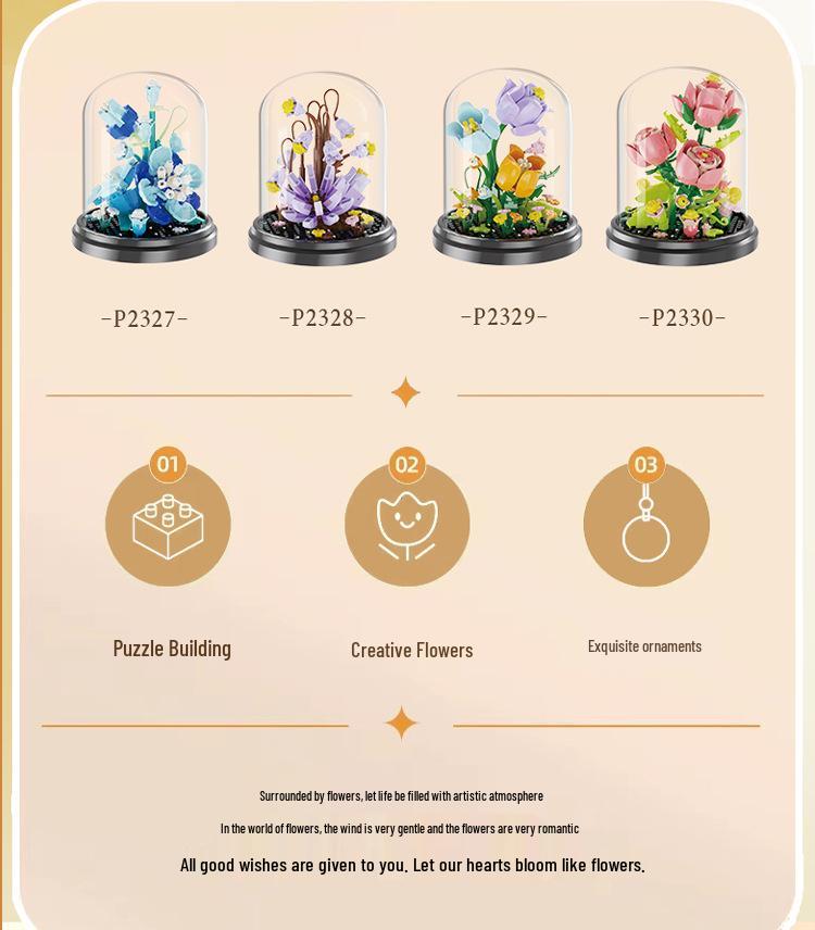 Preserved Flower with Cover Micro Particle Building Blocks - Desk Ornament Gift for Children's Day