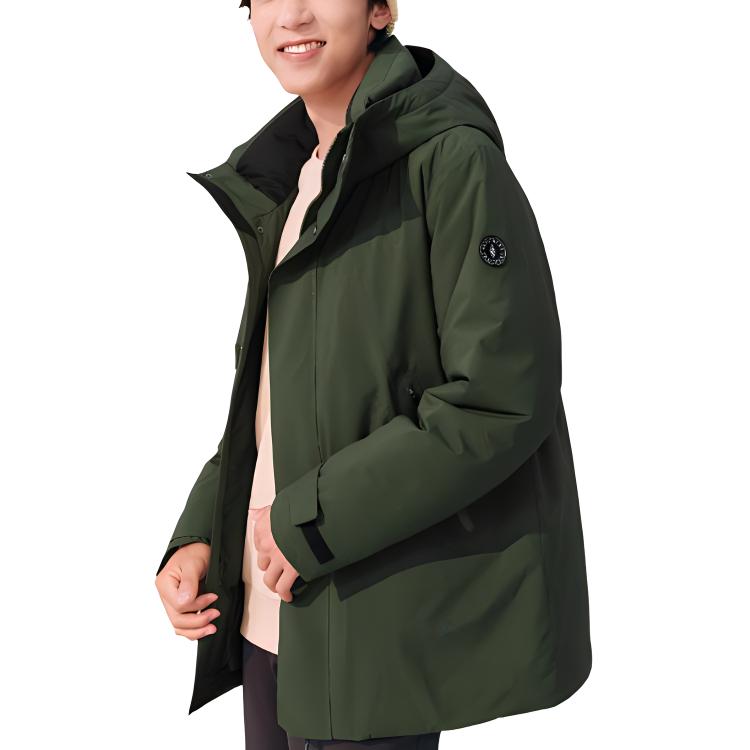 Skechers Solid Color Hooded Woven Mid-Length Down Jacket Men Outerwear Black-Forest-Green L423M167-0373