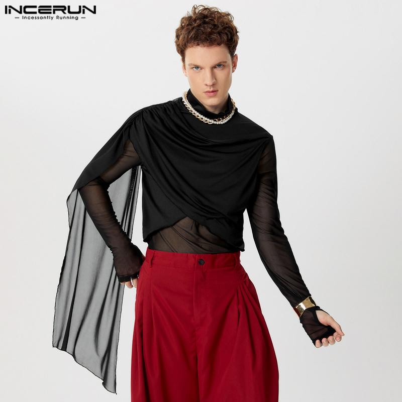INCERUN Men Ruffled High Neck Patchwork Front Cross Fitted Tops Mesh Sheer Irregular T-shirts