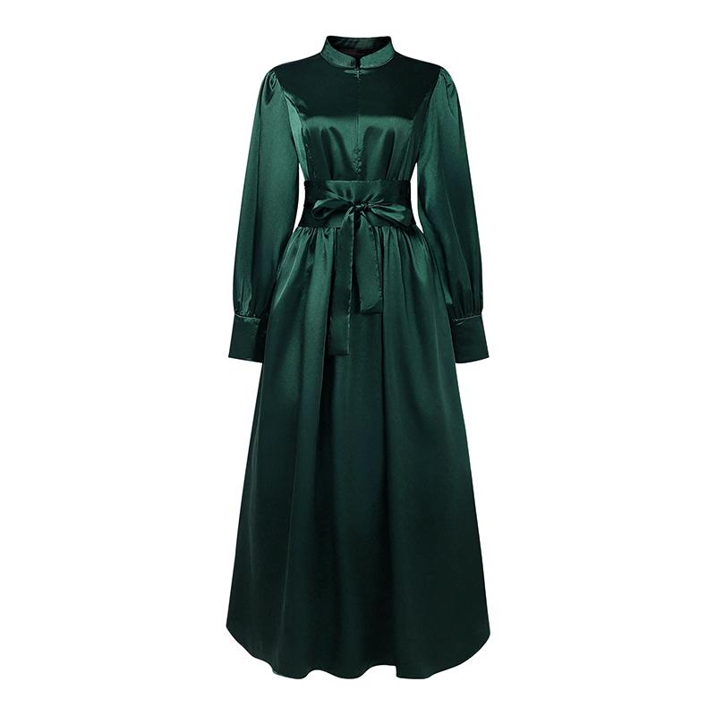 ZANZEA Women Casual Stand Collar Loose Long Sleeve Satin Dress