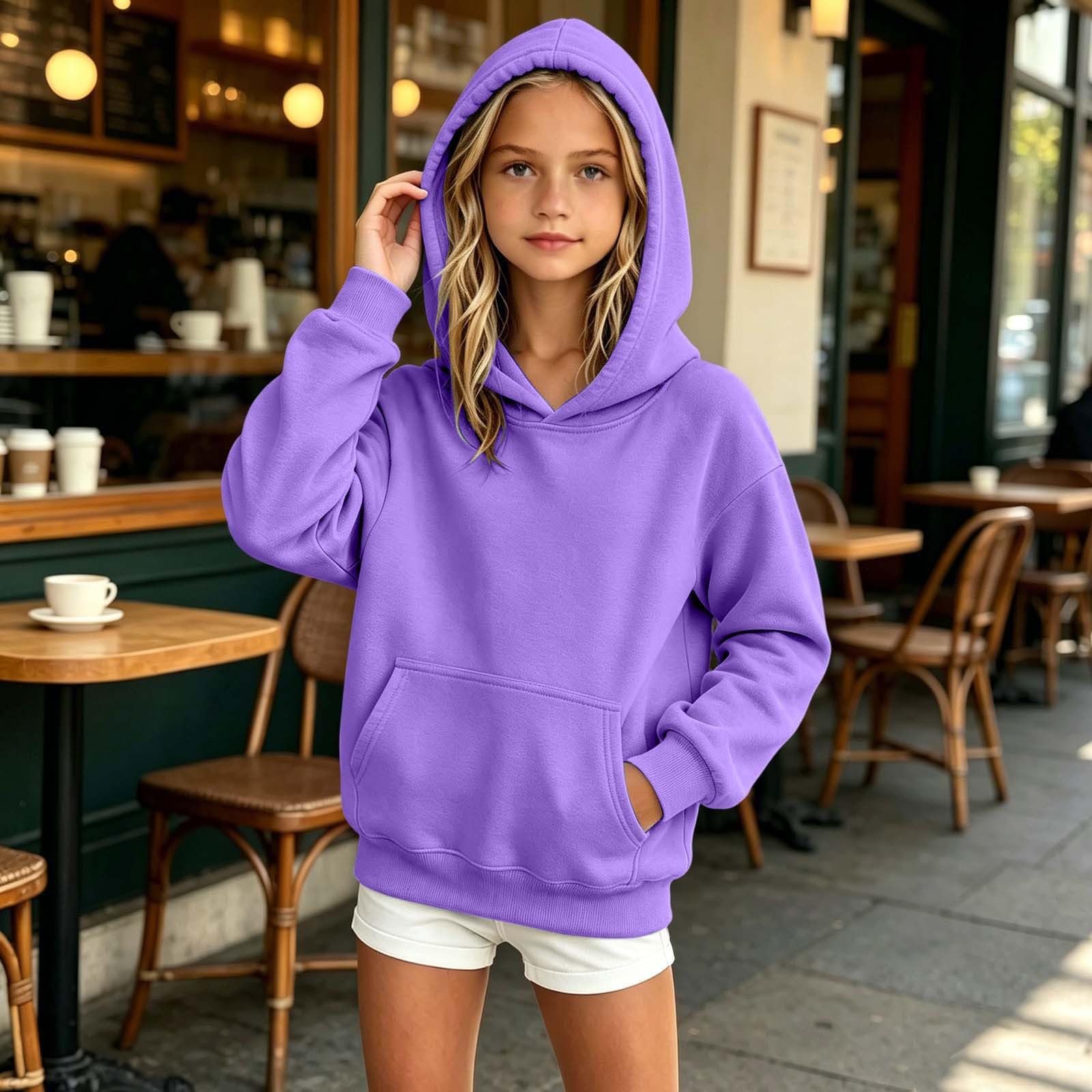 Kids Loose Fit Color Hooded Pullover Sweatshirt for Everyday Wear 170