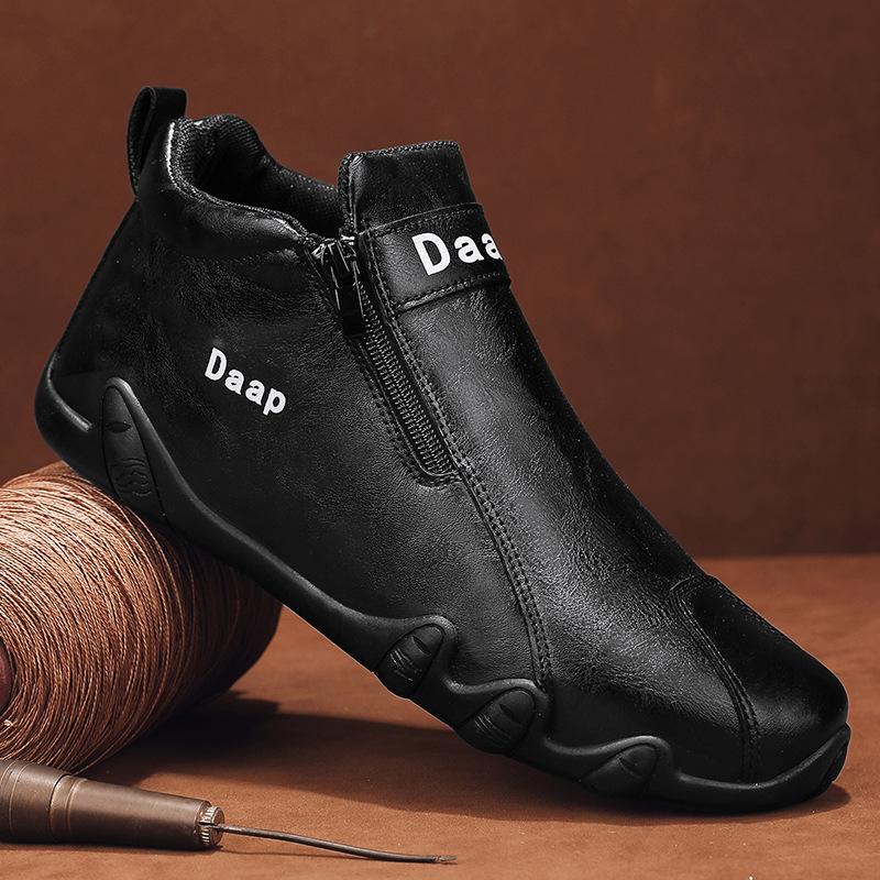 Autumn new leather flat-bottomed comfortable casual shoes men's versatile waterproof trend men's shoes simple high-top Martin boots