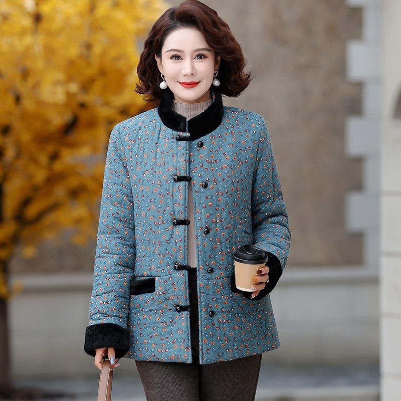 

Floral winter padded jacket, new padded jacket to keep warm, Chinese thickened padded jacket, disc buckle and fleece jacket for women 5XL [recommended 150-80kg] синий