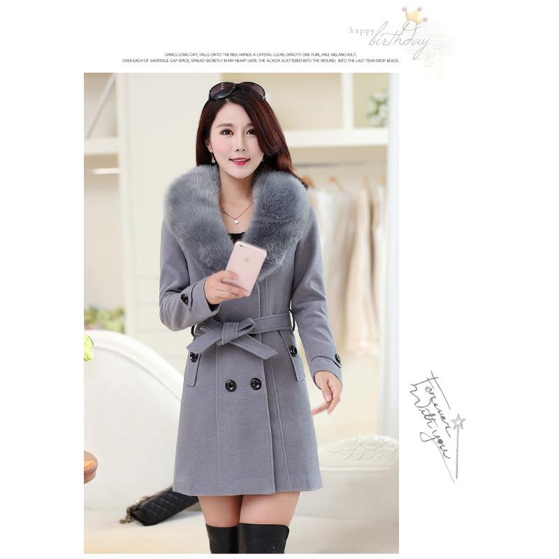 Woolen Fur Collar Women's Coat Korean Version Double-breasted Woolen Coat Medium and Long