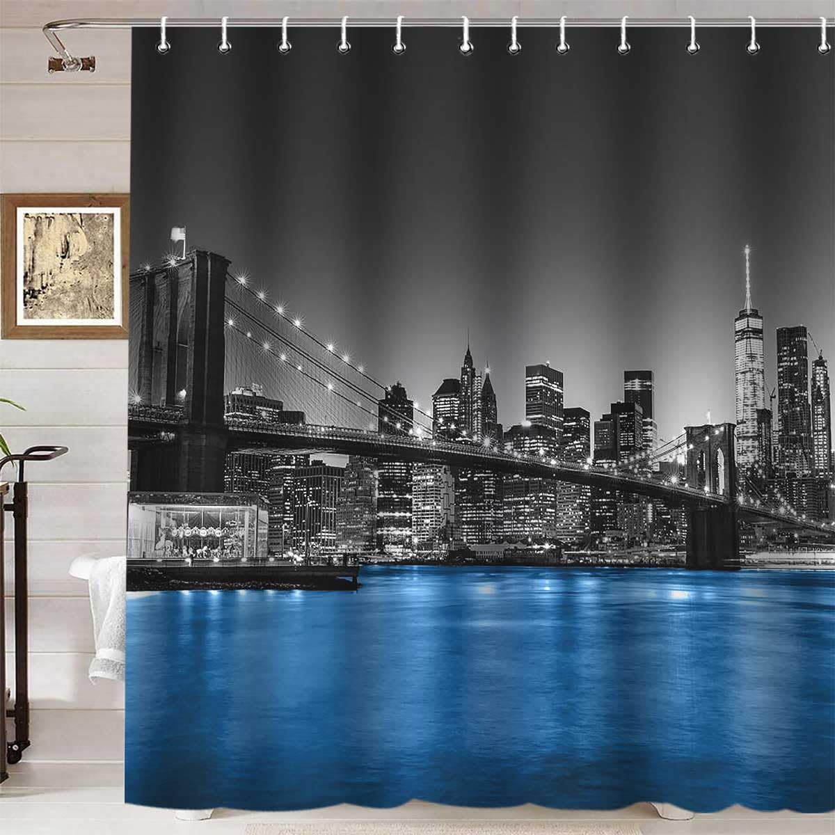 Namdeva Cityscape Shower Curtain, NYC Night View Blue East River Brooklyn Bridge Black and White Skyscraper Skyline Famous Building Modern Bathroom Brooklyn Bridge