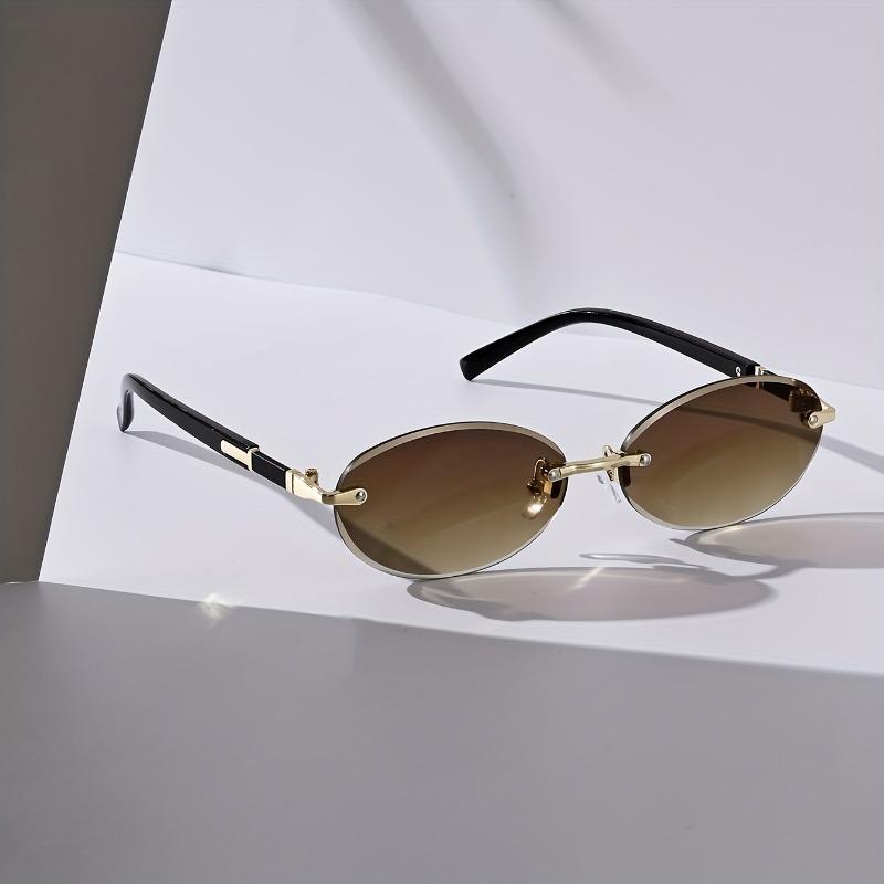 Vintage-Inspired Oval Frameless Fashion Glasses for Men & Women - Chic Black Metal Frame Tone Accents Multiple Colors Available