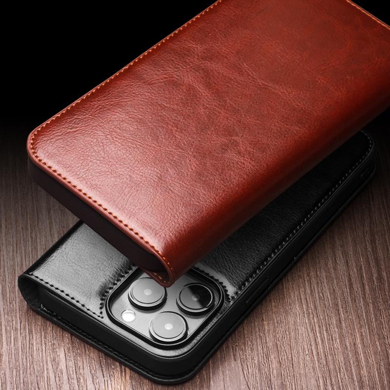 QIALINO For iPhone 15 Pro Shockproof Genuine Leather Flip Case Full Protection Wallet Cover Stand