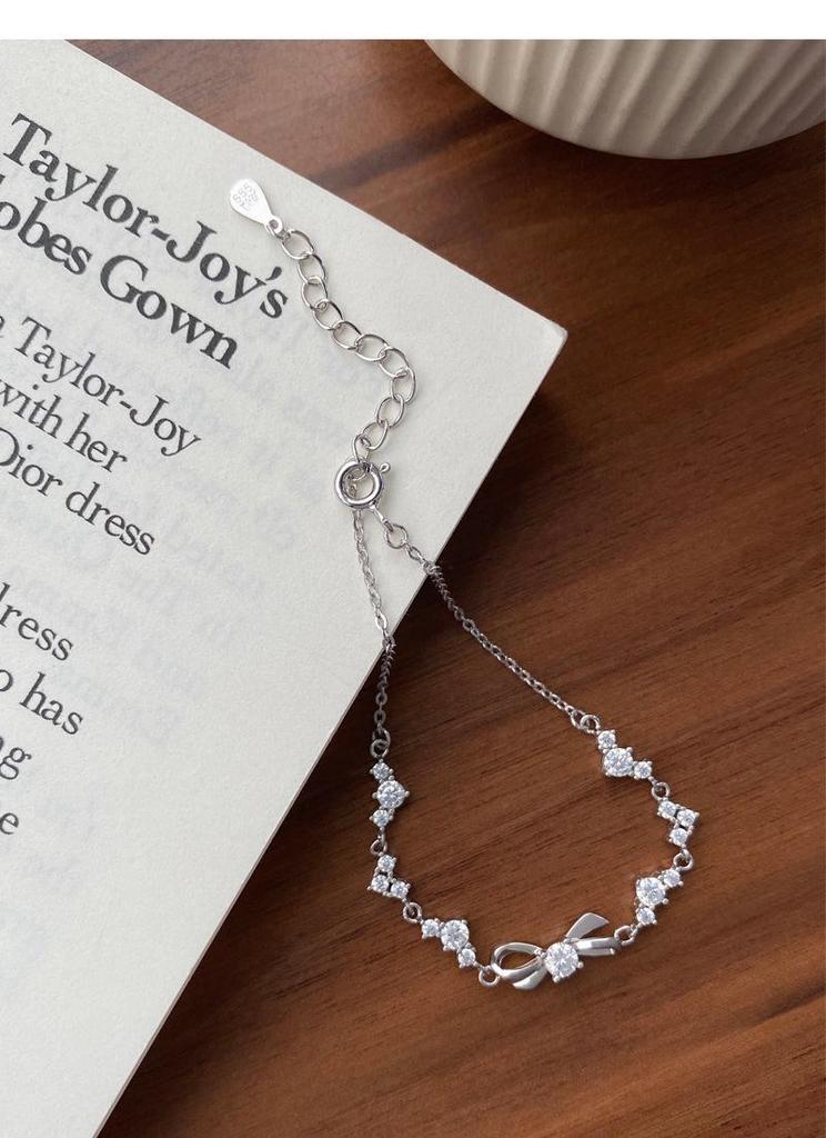Sterling Silver Zircon Bow Bracelet - Women's Elegant, 2024 New Pure Silver Accessory