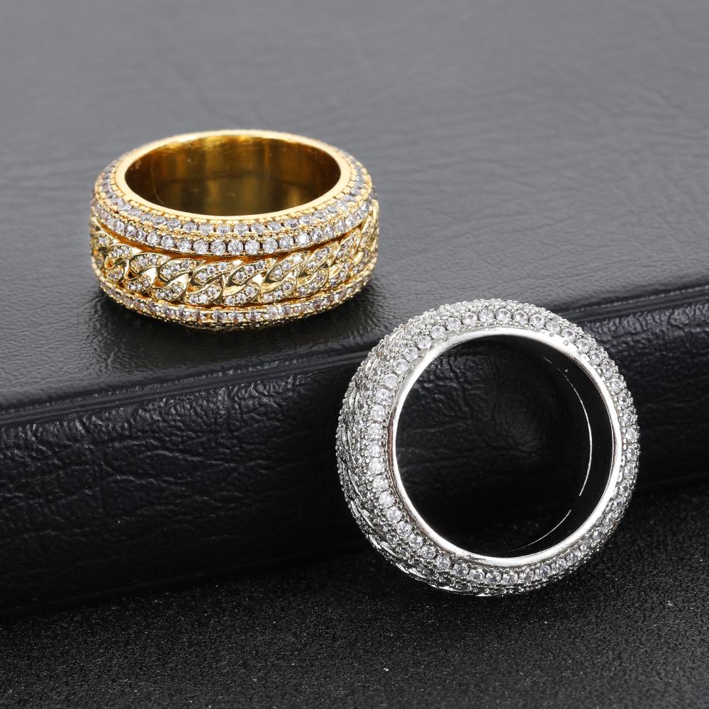 New Cuban Link Chain Design Ring Fully Micro Zircon Paved R0tatable Cuban Ring,Hiphop Iced Out Men's Swivel Cuban Ring.
