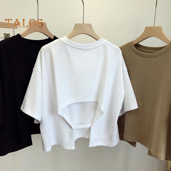 Dámské zkrácené topy s kulatým výstřihem a krátkým rukávem, design s dutými zády, jednobarevné topy, letní prázdninové tričko