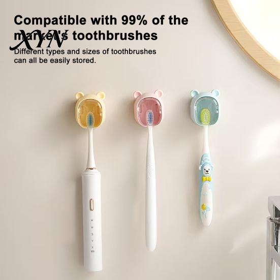 Space Saving Toothbrush Case Cute Bear Wall Mounted Holder with Dustproof Flip Cover, Single Dispenser Storage Organizer, Drill-free Electric/Manual