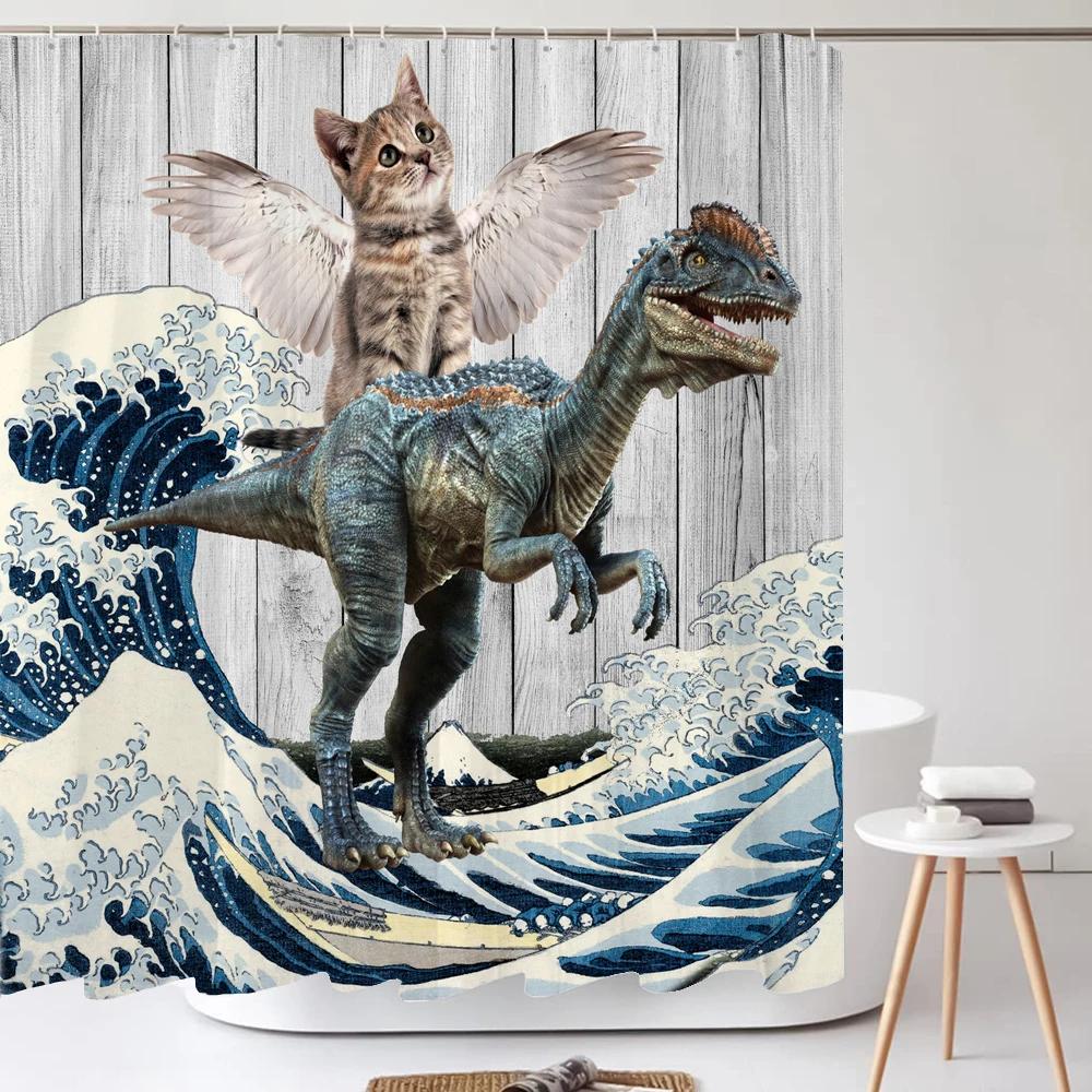 Funny Cute Cartoon Bathing Cat Dog Shower Curtains Bathroom Bathtub Decoration Waterproof Bath Curtain Home Decor with Hooks