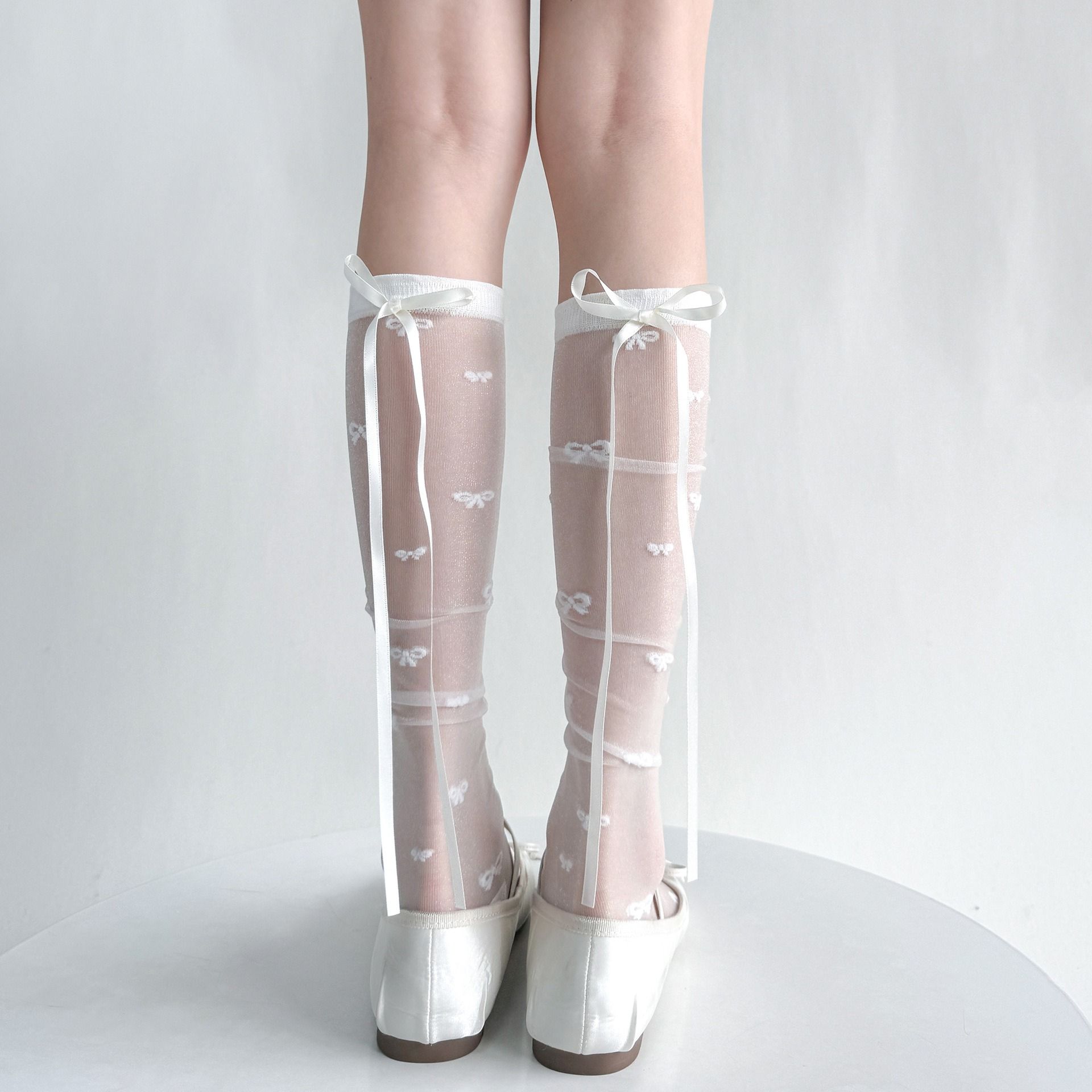 

Летние ультратонкие носки до икры с бантиком-стримером и кружевом для женщин, кремово-белые, JK, из кристаллического шелка, милые носки