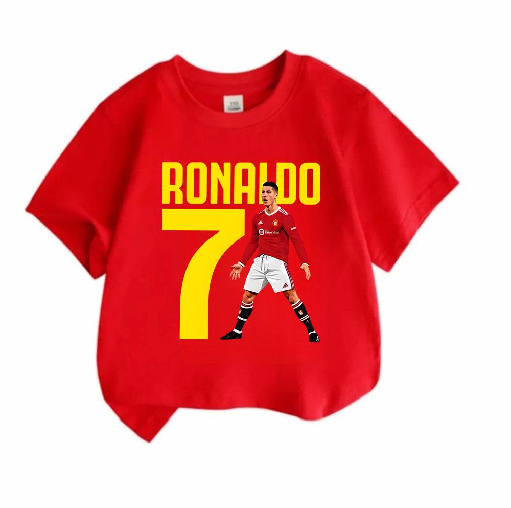 Boys Girls 100% Cotton Crew Neck Short Sleeve T-Shirt, Classic Football Star No.7 Ronaldo Printed Casual Soft Breathable Tee for Kids Daily Wear Sport