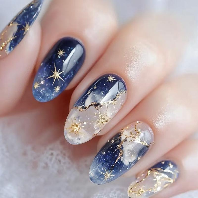 Ice transparent blue smudged quicksand gentle and cold fairy energy removable manicure 24 pieces press on nails