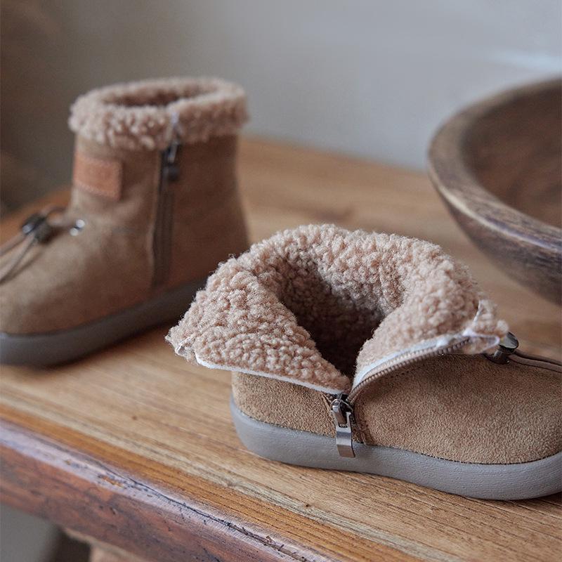 Girls' Winter Cotton & Leather Boots with Fleece Lining, Soft Soles, Thickening Design - Warm Snow Boots