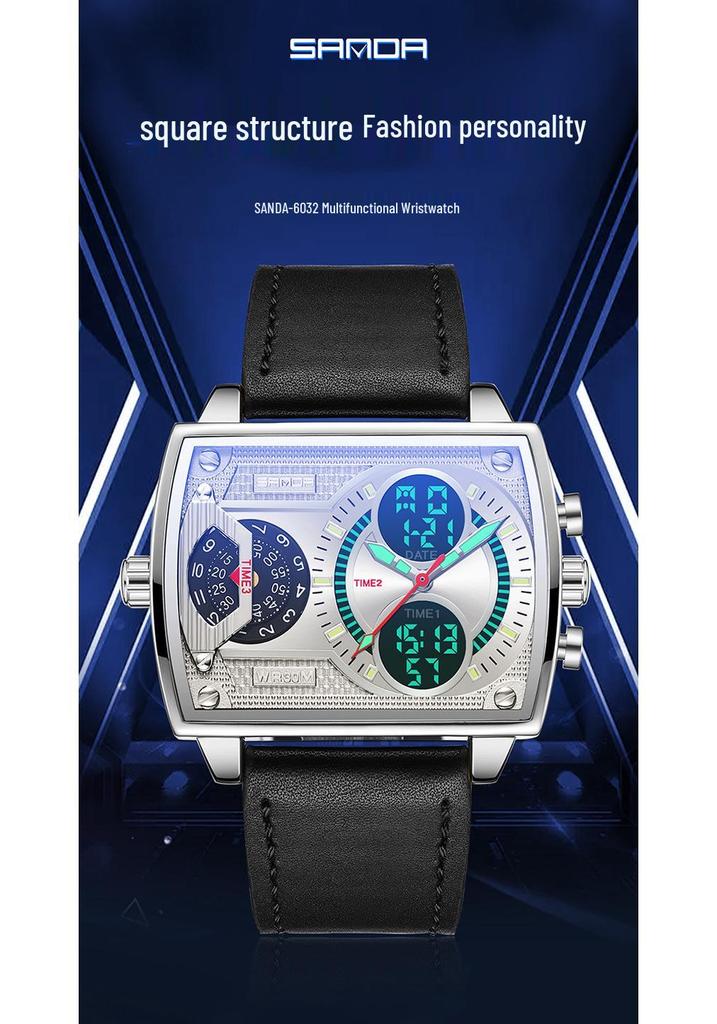 Sanda Herren Multi-Zonen Dual-Display Stahlband Uhr mit EL-Hintergrundbeleuchtung
