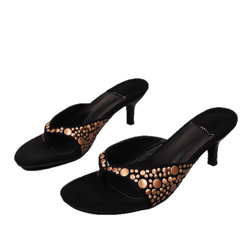 2025 Summer European and American Fashion Toe High Heel Solid Color Metal Decoration Women Round Head High Heel Slippers Foreign Trade