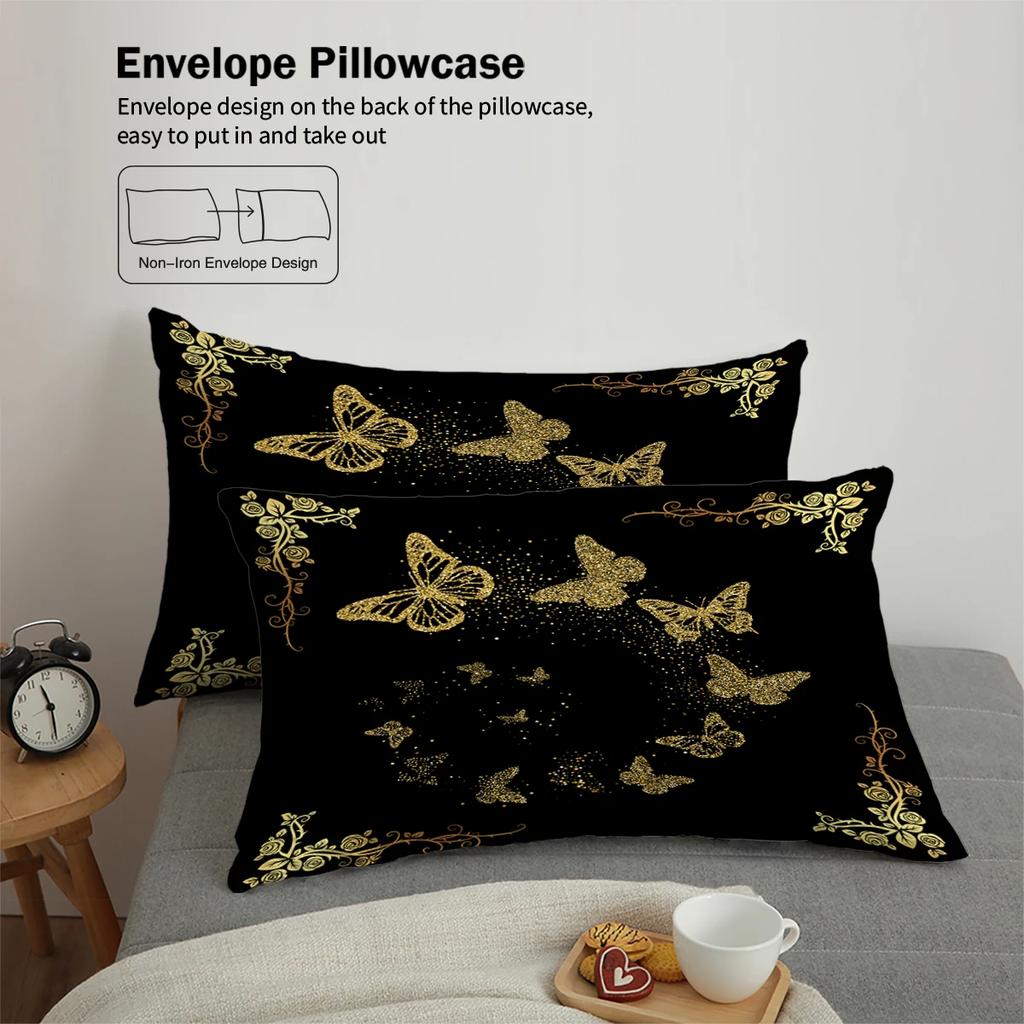 3-Piece Set Of Golden Butterfly Printed Down Duvet Covers (1 Down Duvet Cover+2 Pillowcases No Core) Soft Bedding Set