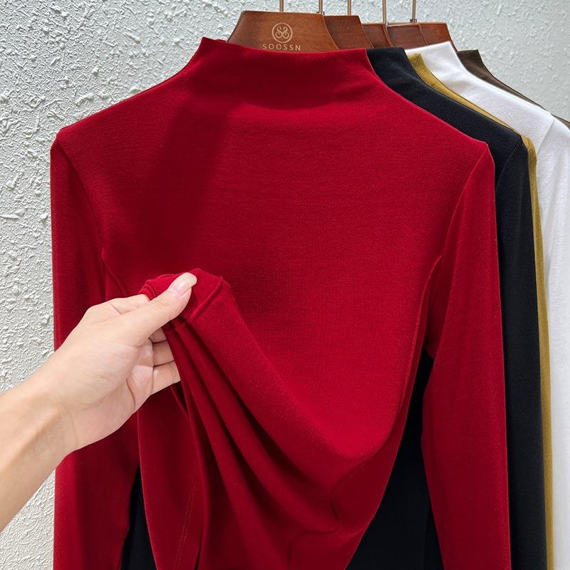 Semi-turtleneck T-shirt Women's Long-sleeved Spring and Summer New Clothes with Lines Underneath, Black Top Women