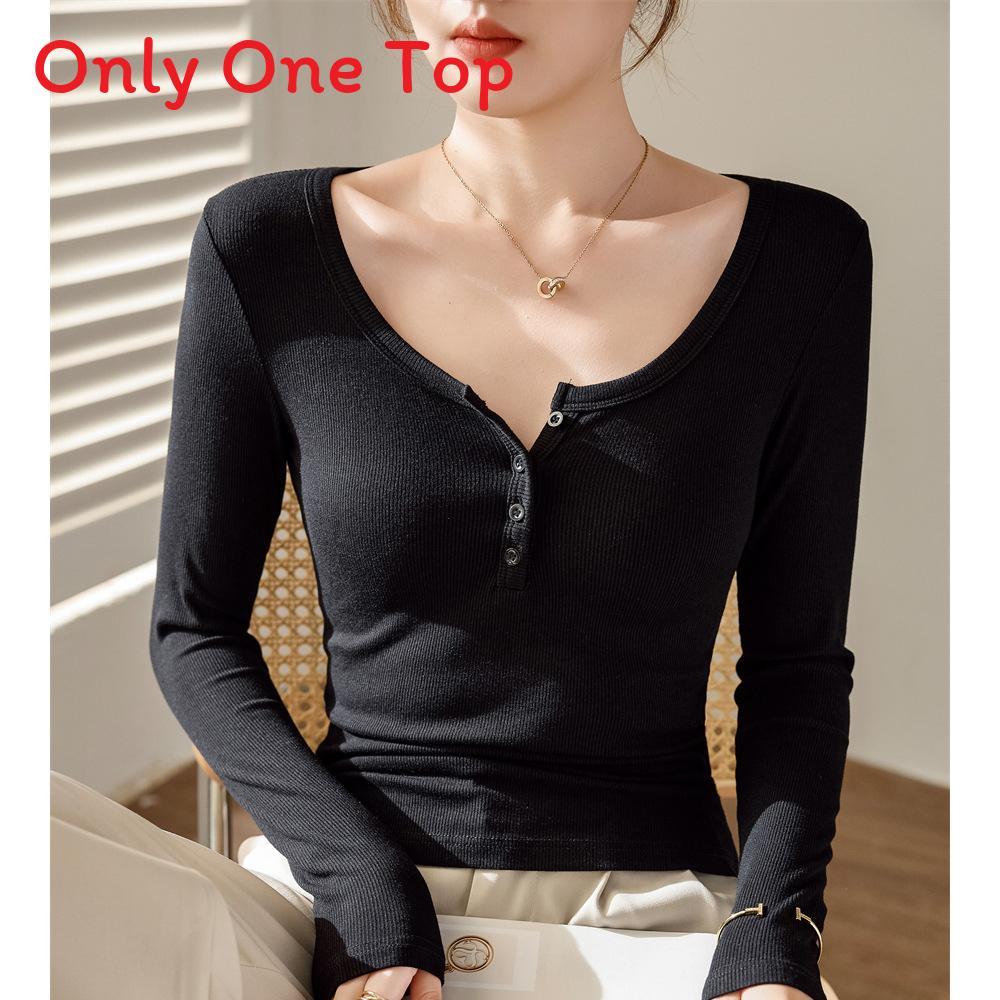 T Shirt Women Long Sleeve Slim Fit Pure Cotton Ribbed Fabric For Autumn Winter Style